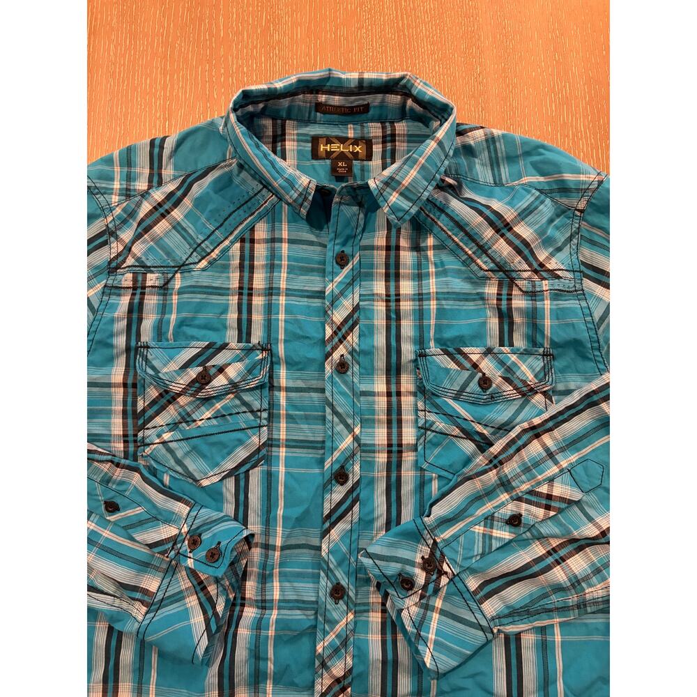 HELIX Athletic Fit Black & Blue Plaid Shirt Western Style Long Sleeve Mens Sz XL